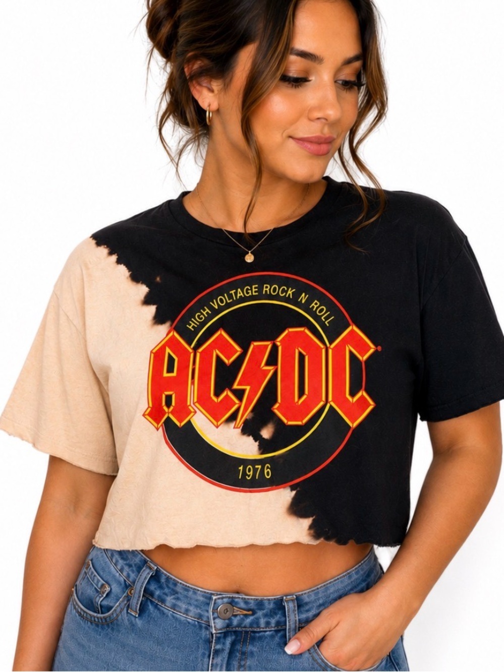 AC/DC Black and Cream Tie-Dye Rock Logo Tee band vintage style SZ MD boxy fit